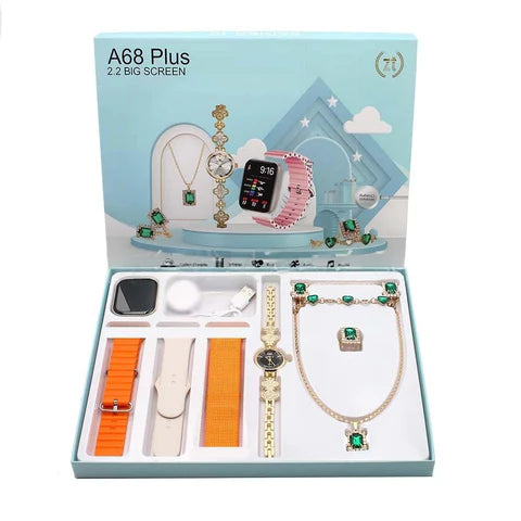 Coffret montre connectée et bijoux 8-en-1 (1 montre connectée avec 3 bracelets interchangeables + 1 bague + 1 bracelet + 1 collier + 1 paire de boucles d’oreilles + 1 montre design classique) – Livraison offerte